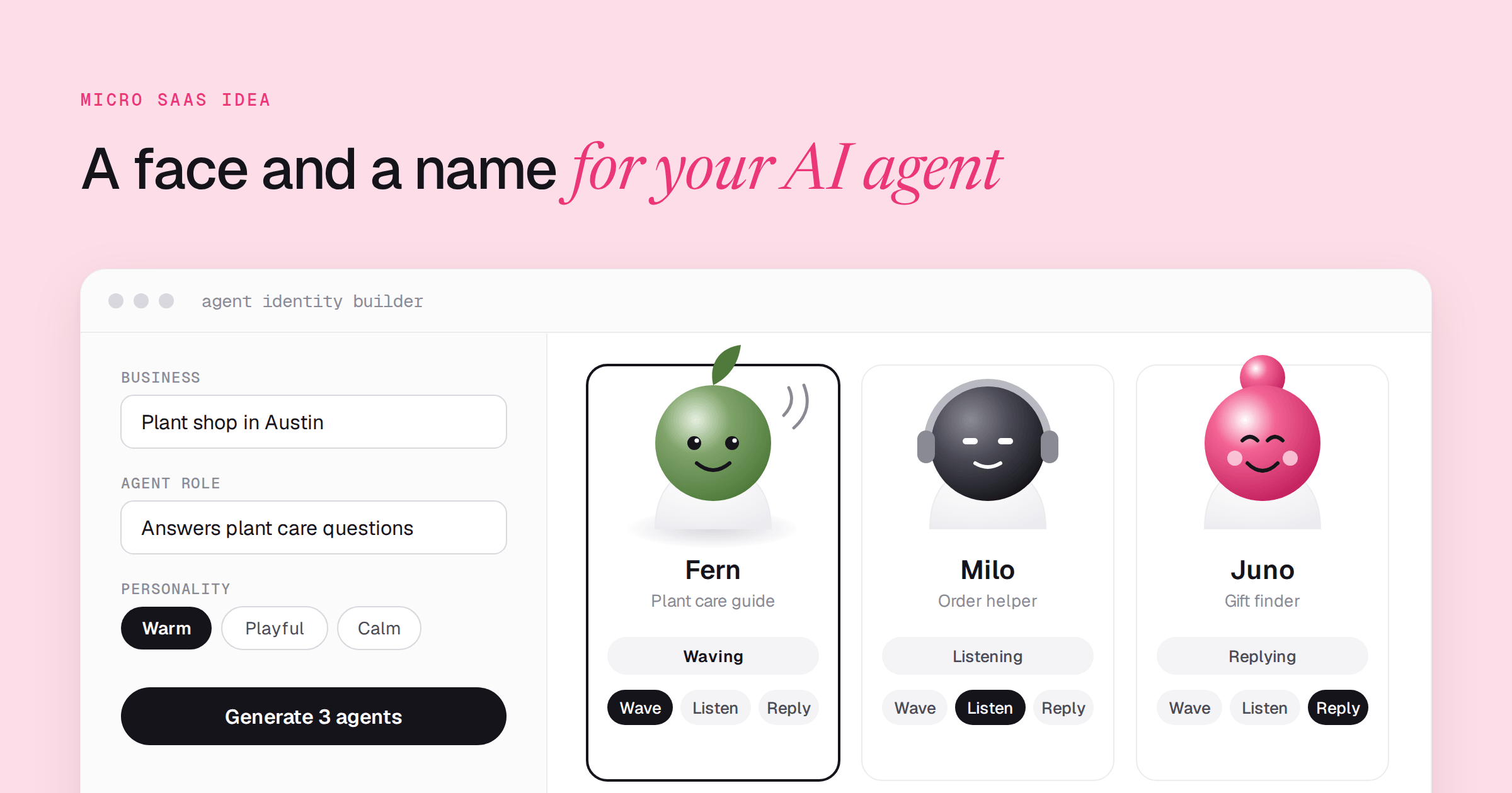 A drawn builder window: a short form for business, agent role and personality on the left, and three generated 3D characters named Fern, Milo and Juno on the right, each with Wave, Listen and Reply buttons