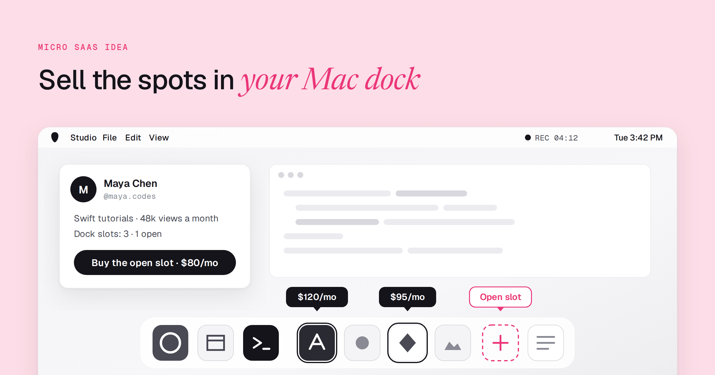 A drawn Mac desktop during a screen recording: a creator's listing card offers dock slots, and the dock below holds two sponsor icons ringed in black with $120 and $95 a month tags beside an open slot outlined in pink