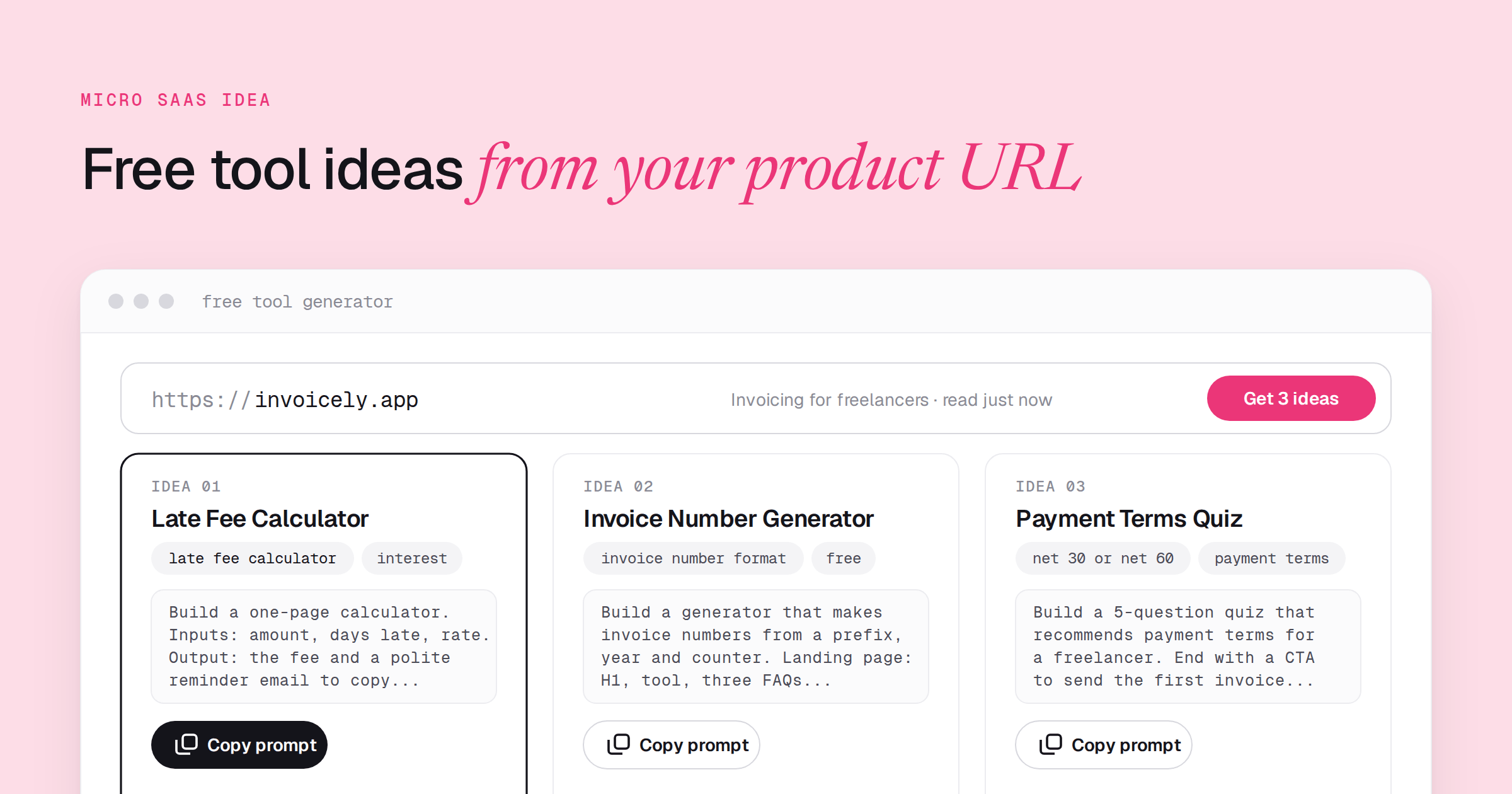 A drawn generator window: a product URL typed into the input above three free tool concepts, each card with a name, keyword tags, the start of a build prompt and a Copy prompt button