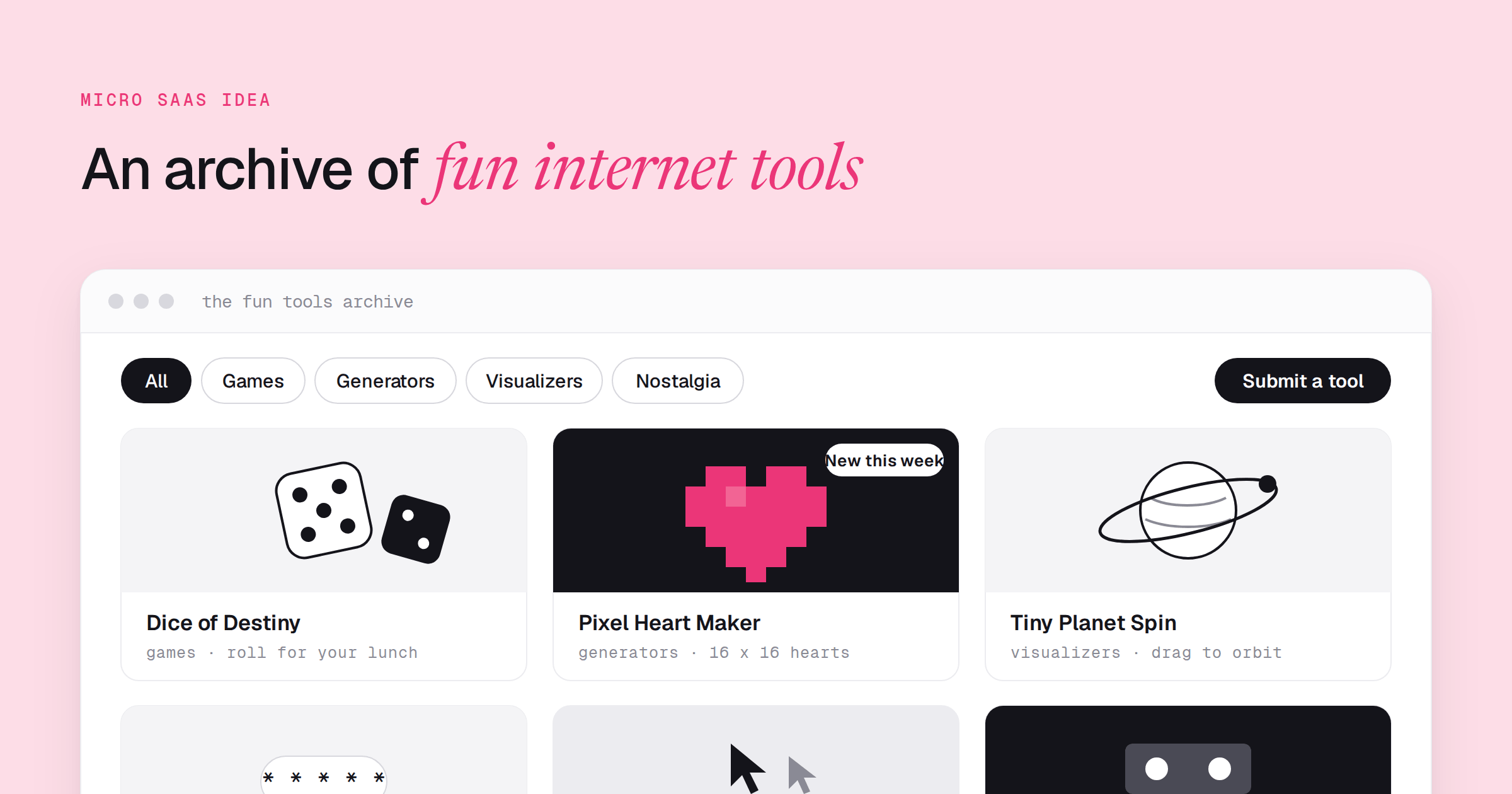 A drawn archive page with category chips for games, generators, visualizers and nostalgia above a grid of six illustrated tool tiles, one tagged New this week, and a Submit a tool button