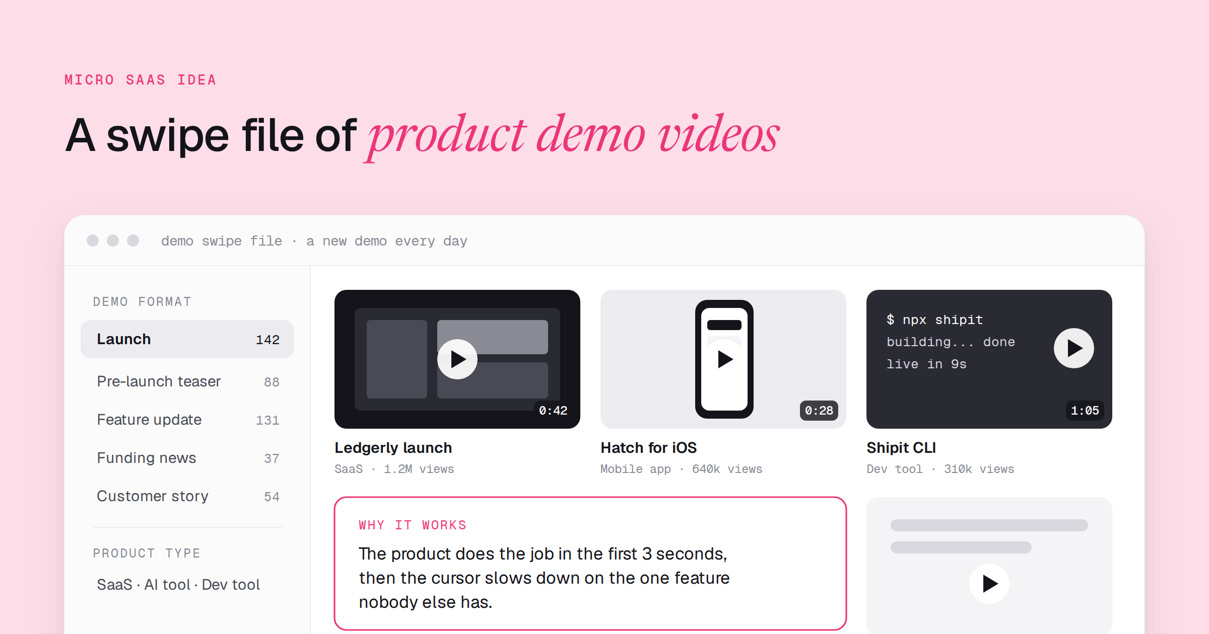 A drawn demo video library with format filters for launch, teaser, feature update, funding news and customer story beside video stills with play buttons, running times and a Why it works note