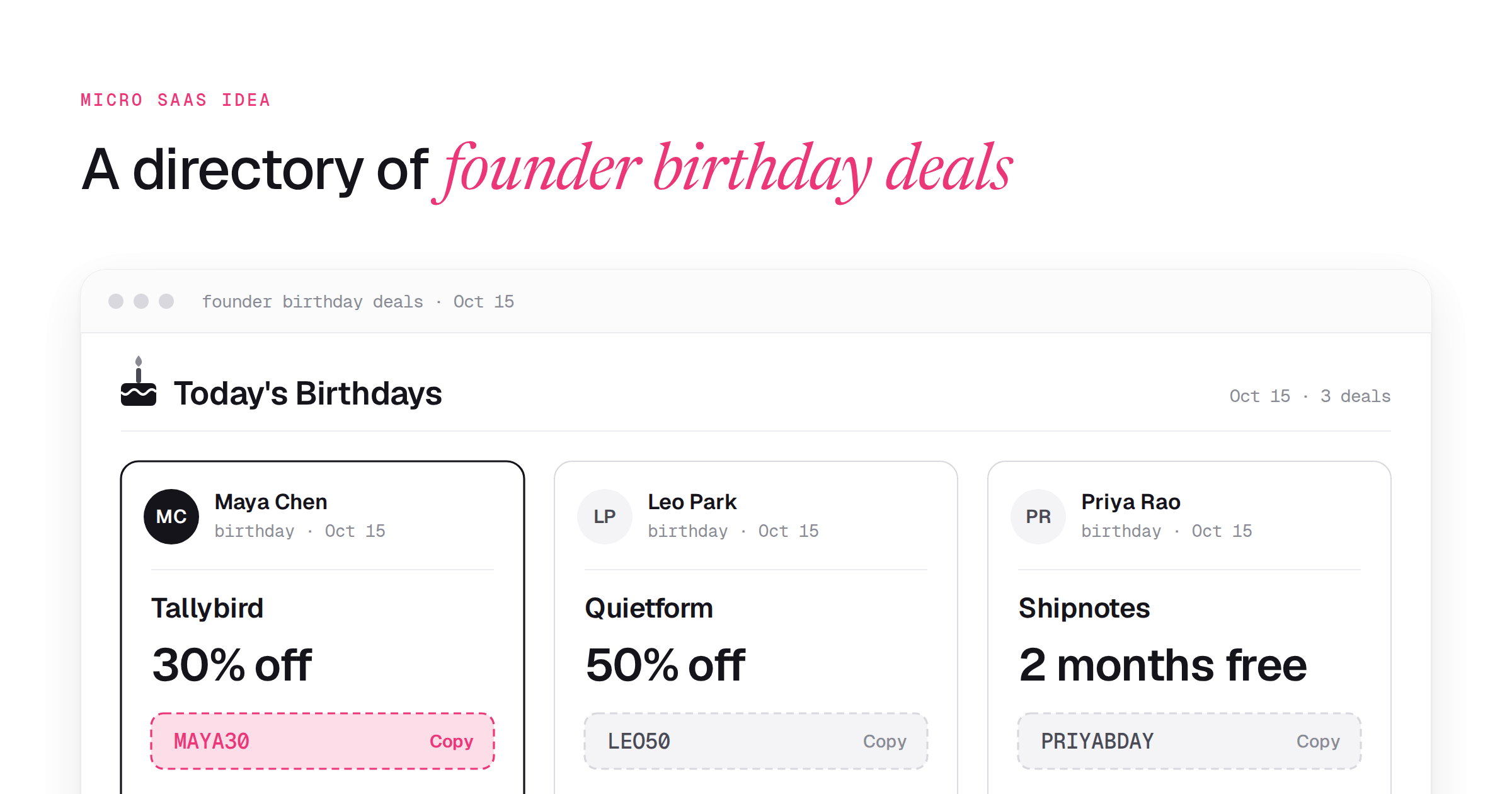 A drawn directory page with "Today's Birthdays" at the top and 3 founder cards each showing a product name, discount and coupon code