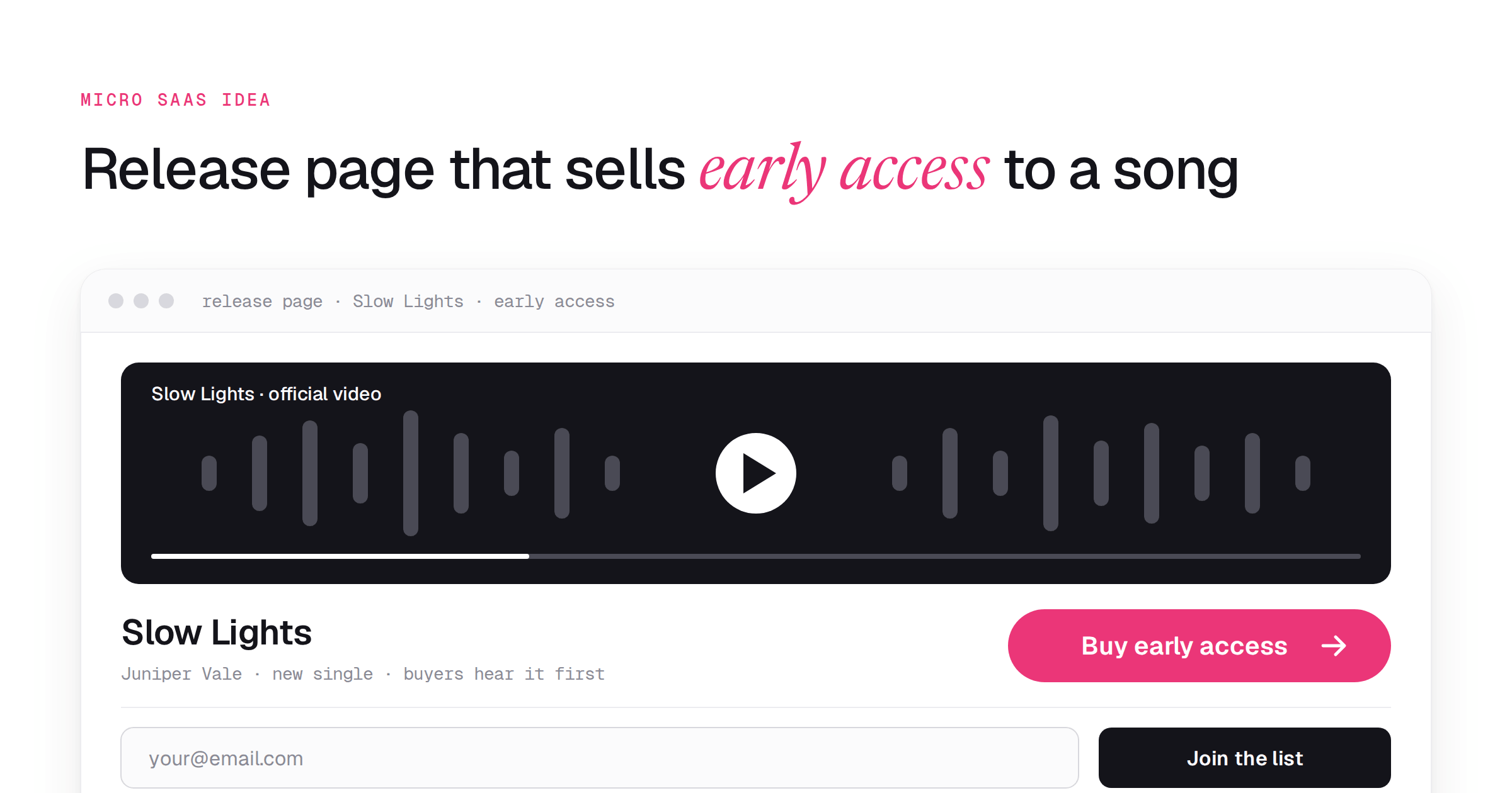 A drawn release page with a music video at the top, a buy button for early access, and an email field below the video.