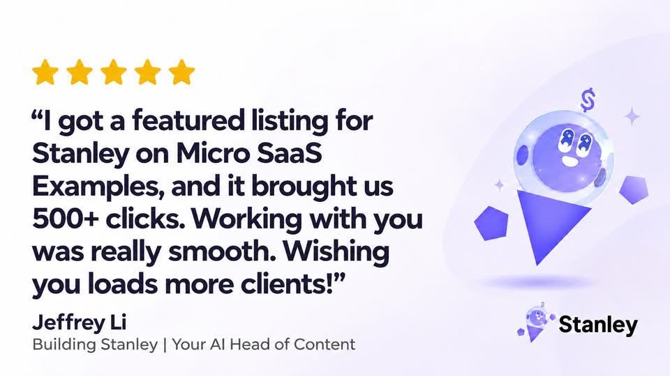 Five-star testimonial card from Jeffrey Li, building Stanley: “I got a featured listing for Stanley on Micro SaaS Examples, and it brought us 500+ clicks. Working with you was really smooth. Wishing you loads more clients!”